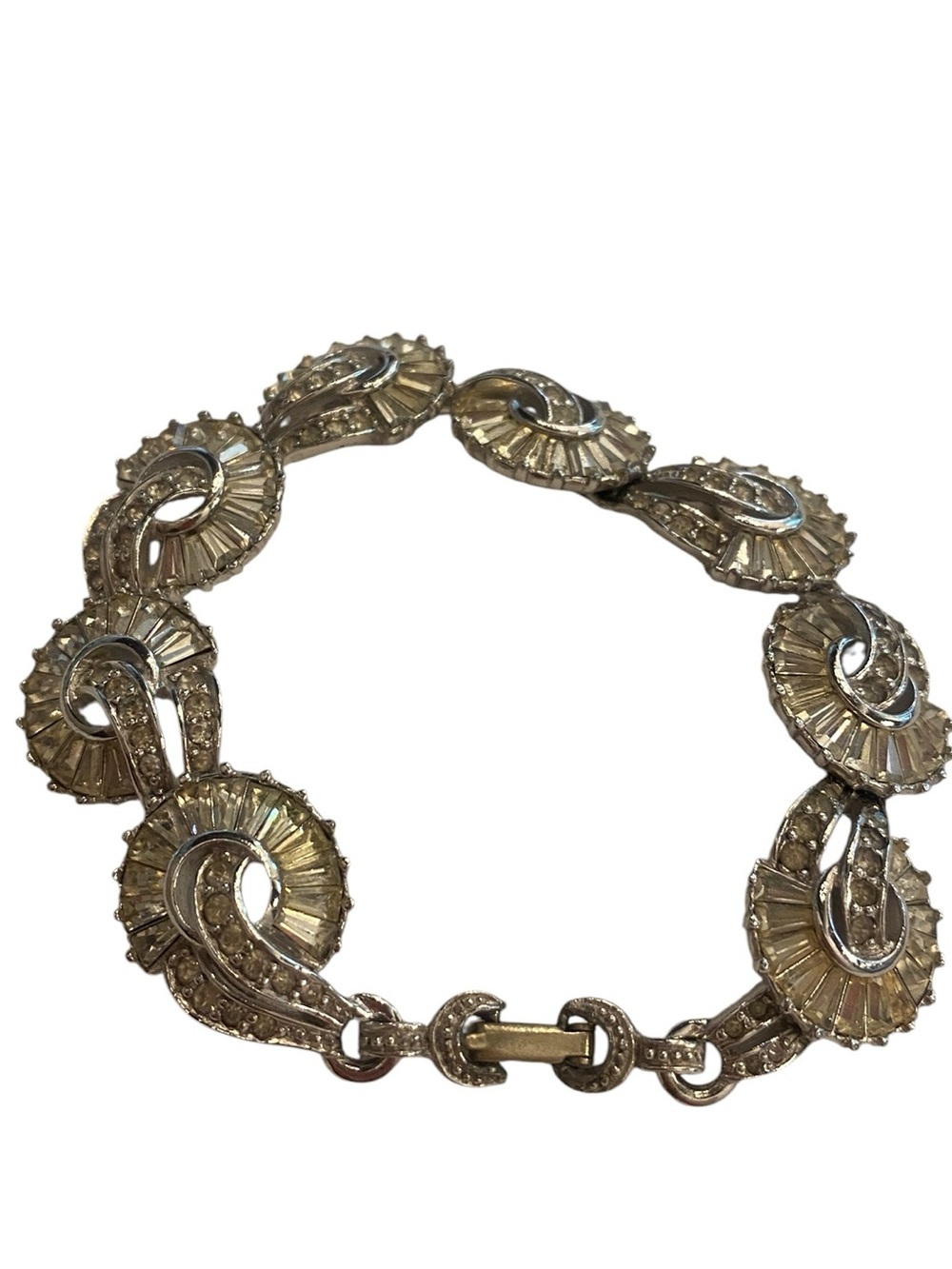 Vintage Mid 20th Century Costume Jewelry Bracelet Swirl Link Rhinestone